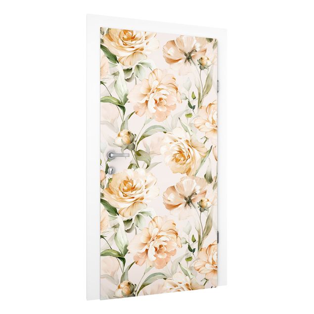Papier peint fleurs roses Pivoines aquarelle sur fond beige