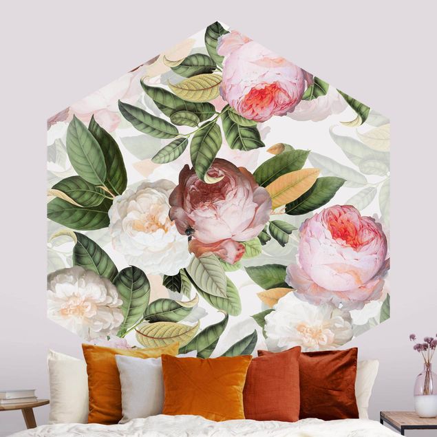 Papier peint roses Pivoines avec feuilles