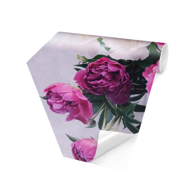 Papier peint panoramique hexagonal Pivoines Shabby Rose Blanc