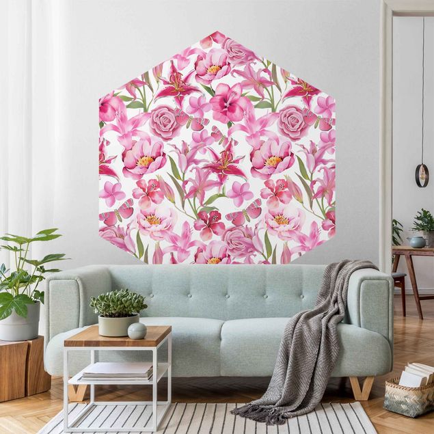 papier peint fleuri Fleurs roses avec papillons