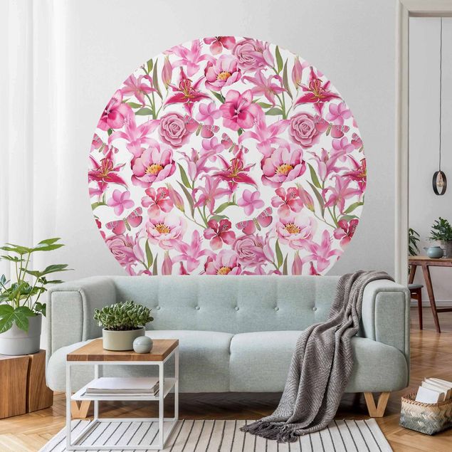 Déco murale cuisine Fleurs roses avec papillons