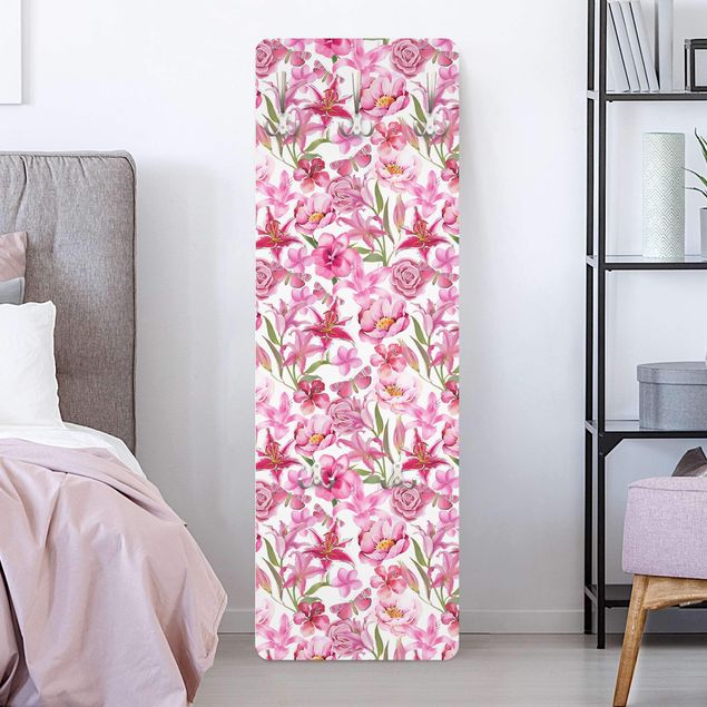 Porte-manteaux muraux avec fleurs Fleurs roses avec papillons