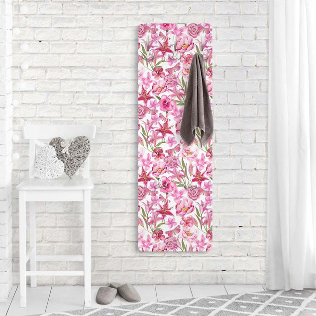 Porte-manteaux muraux country Fleurs roses avec papillons