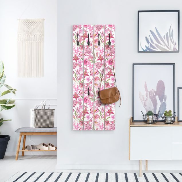 Porte-manteaux muraux avec dessins Fleurs roses avec papillons