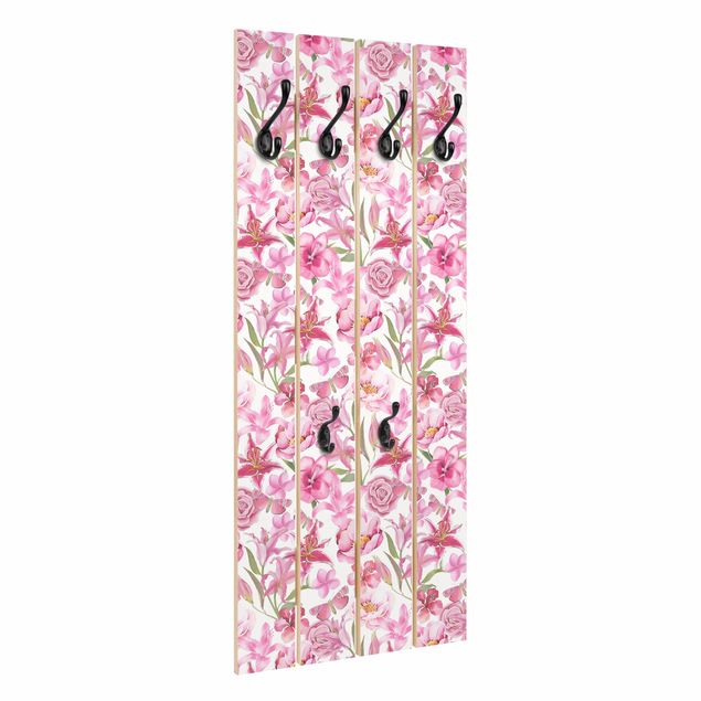Porte manteaux muraux Fleurs roses avec papillons