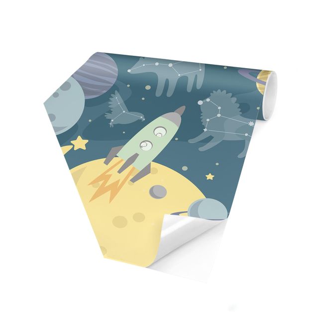 Papier peint hexagonal Planètes avec zodiaque et missiles