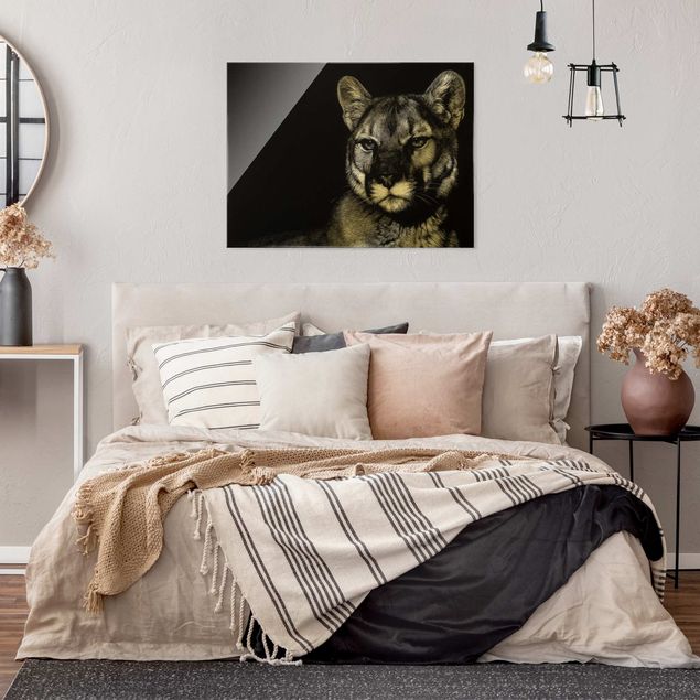 Tableau verre animaux Puma Sur Noir