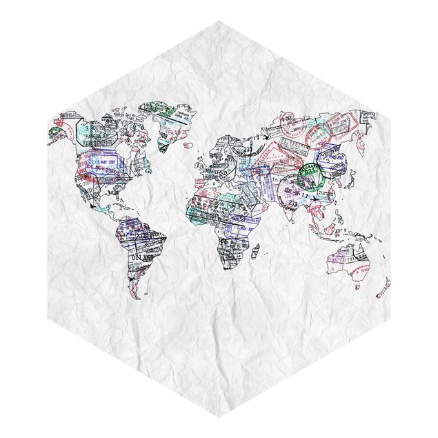 Papier peint hexagonal autocollant avec dessins - Passport Stamp World Map