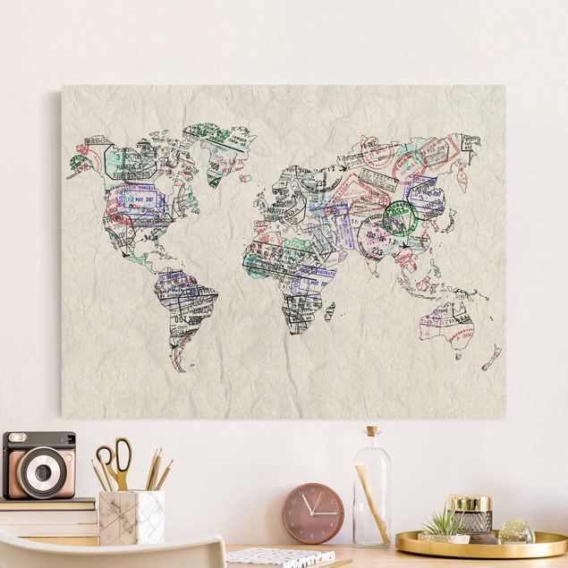 Tableaux modernes Silhouette urbaine de Passeport Carte du Monde