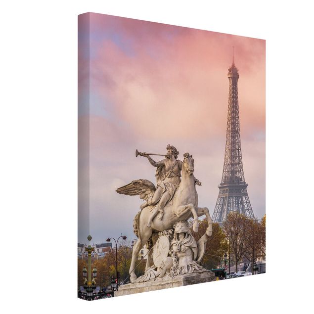 Tableau ville du monde Statue de cavalier devant la Tour Eiffel