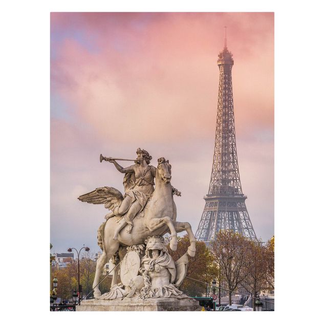 Tableau toile ville Statue de cavalier devant la Tour Eiffel