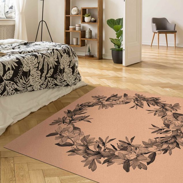 tapis salle à manger facile à nettoyer Couronne florale romantique gris