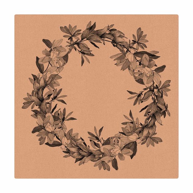 Tapis en liège - Romantic Floral Wreath Grey - Carré 1:1