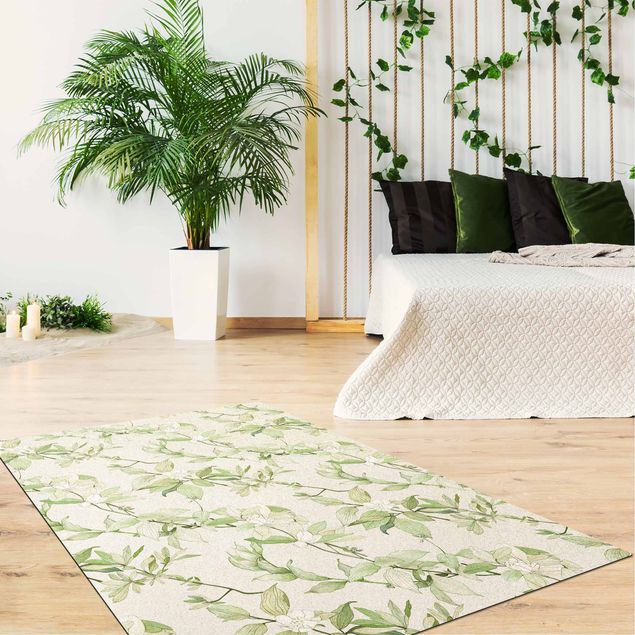 tapis salon vert Fleurs aquarelle romantique vertes