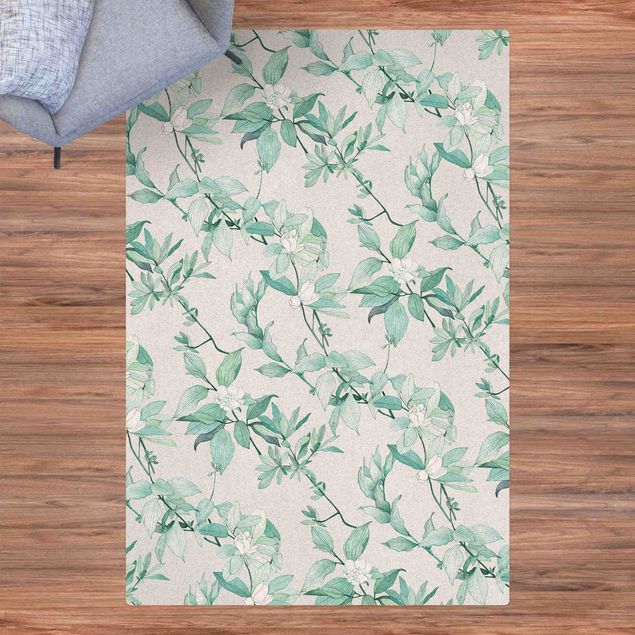 tapis contemporain Fleurs aquarelle romantique vert menthe