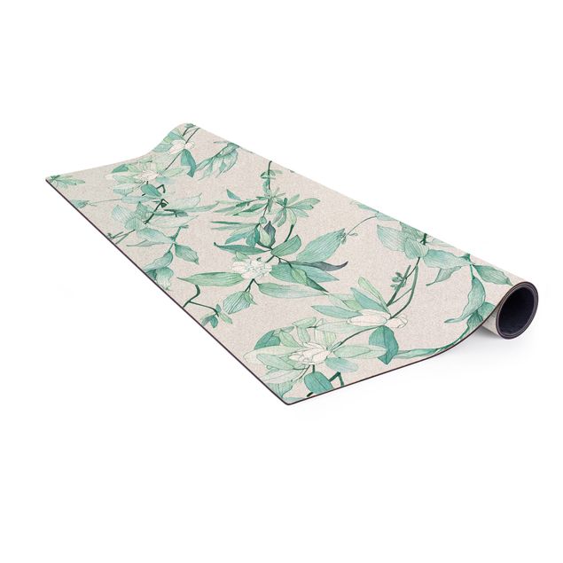 tapis grande taille Fleurs aquarelle romantique vert menthe