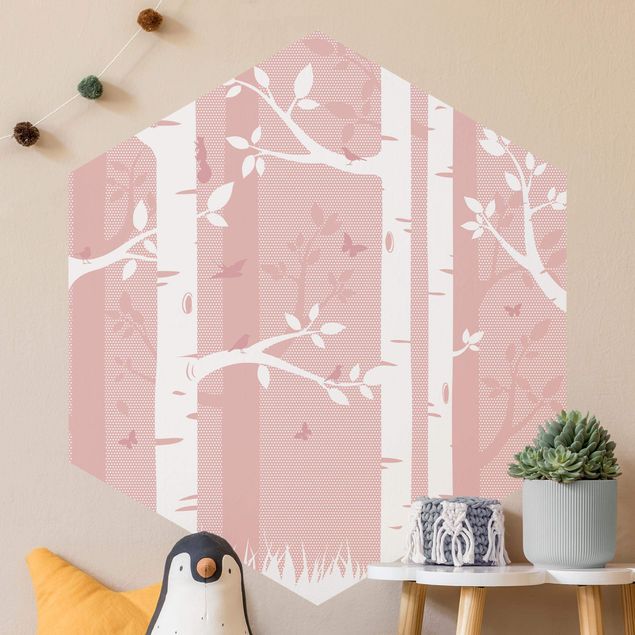 Papiers peints papillon Forêt de bouleaux rose avec papillons et oiseaux