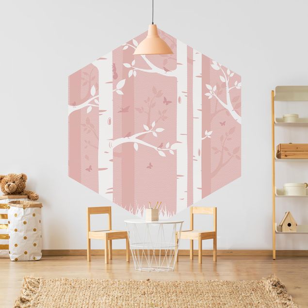 Papiers peints modernes Forêt de bouleaux rose avec papillons et oiseaux