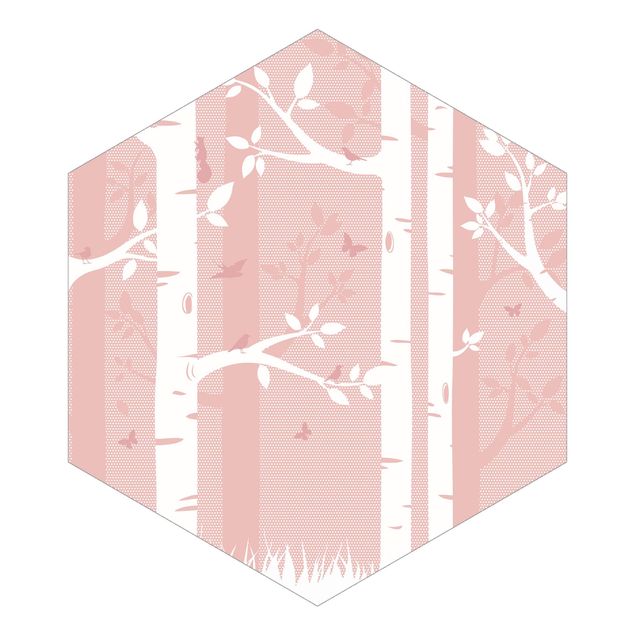 Papiers peints gris Forêt de bouleaux rose avec papillons et oiseaux