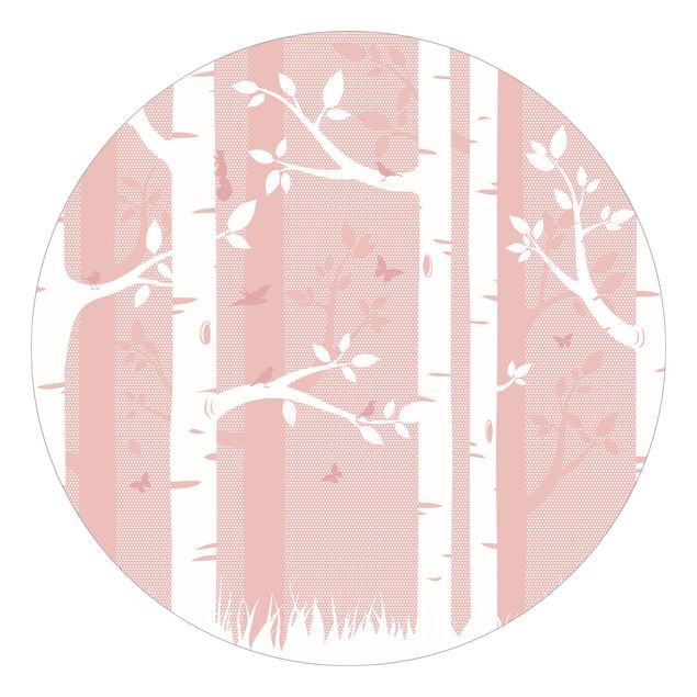 Tapisserie forêt Forêt de bouleaux rose avec papillons et oiseaux