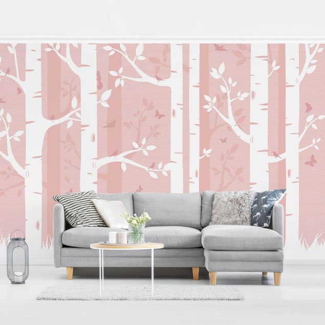 Papier peint - Pink Birch Forest With Butterflies And Birds