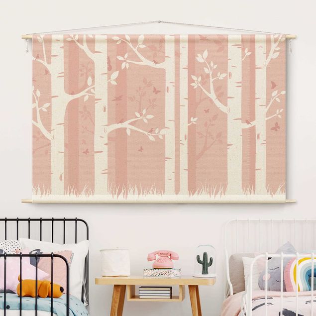 Déco chambre enfant Pink Birch Forest With Butterflies And Birds