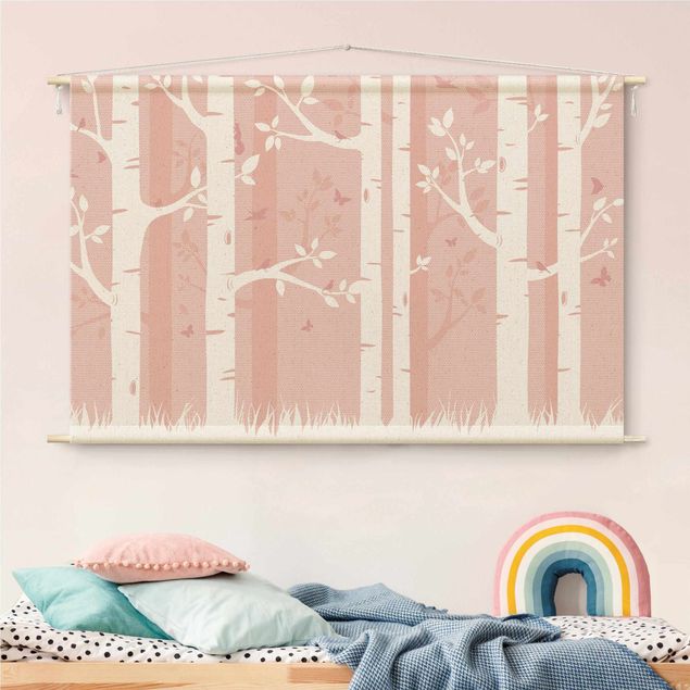 Tableau arbre Pink Birch Forest With Butterflies And Birds