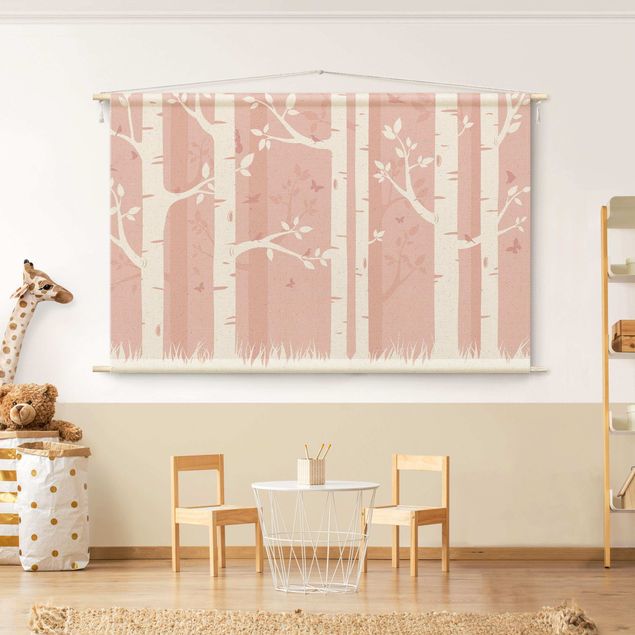 Tableau paysages Pink Birch Forest With Butterflies And Birds