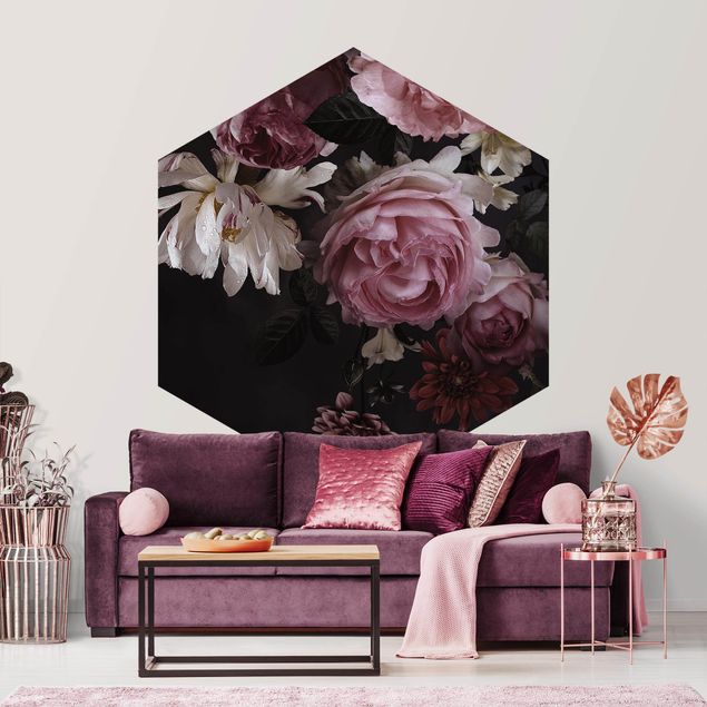 Papier peint moderne Fleurs roses sur fond noir vintage