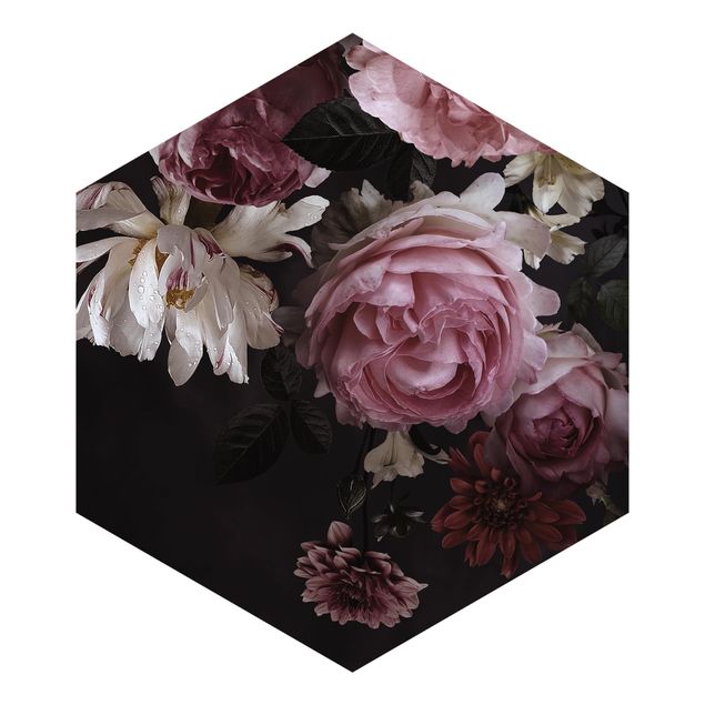 Papier peint panoramique Fleurs roses sur fond noir vintage