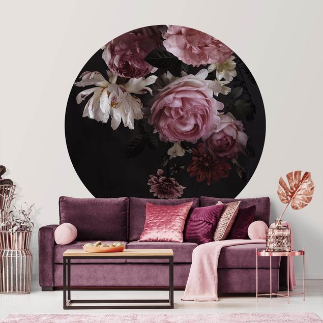 Déco murale cuisine Fleurs roses sur fond noir vintage