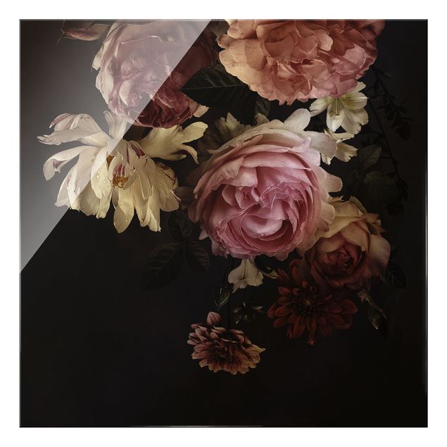 Tableau fleurs Fleurs roses sur fond noir vintage