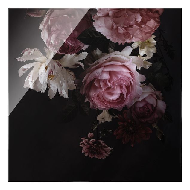 Tableau fleurs Fleurs roses sur fond noir vintage