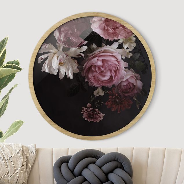 Tableaux encadrés fleurs Fleurs roses sur fond noir vintage