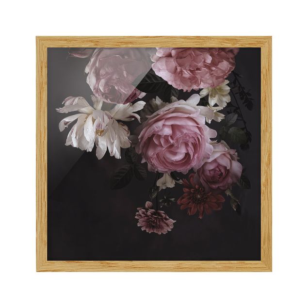 tableaux floraux Fleurs roses sur fond noir vintage