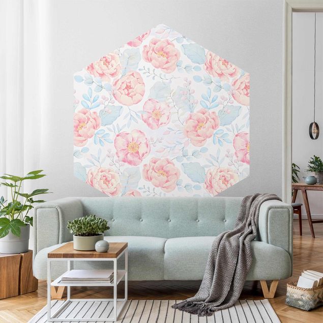Papier peint moderne Fleurs roses avec feuilles bleu clair