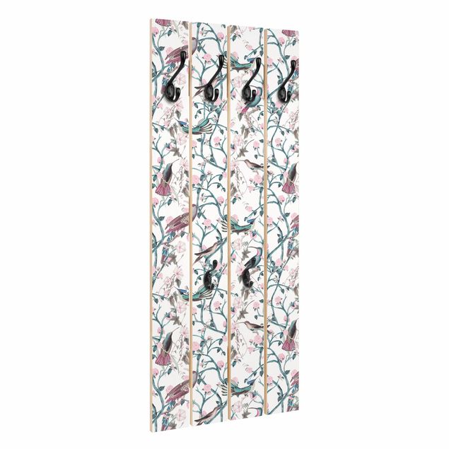 Porte manteau mural rose Light Pink Morning Glories With Birds In Blue