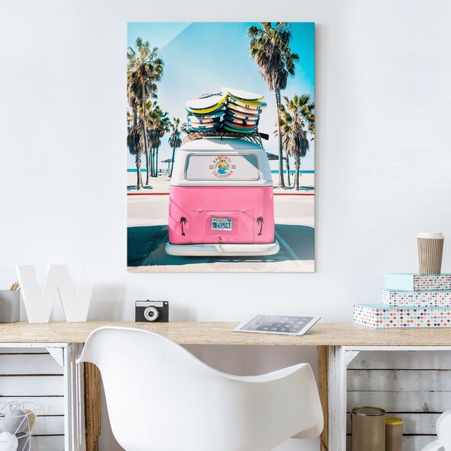 Tableaux plage Pink VW Bus With Surfboards