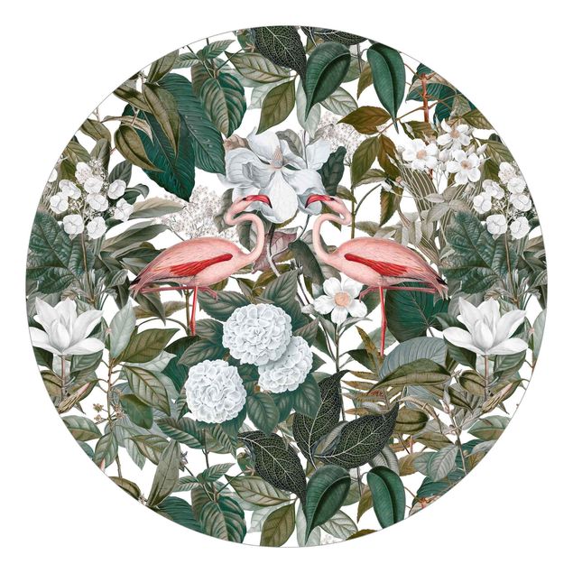 Papiers peints modernes Flamants roses avec feuilles et fleurs blanches