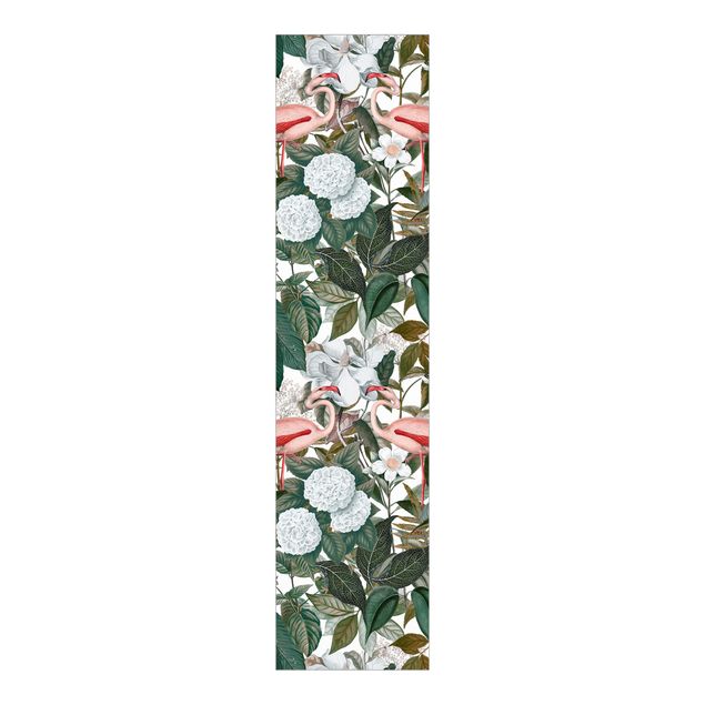 Panneaux coulissants avec fleurs Flamants roses avec feuilles et fleurs blanches
