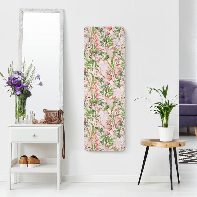 Porte-manteaux muraux avec dessins Cacatoès roses avec fleurs
