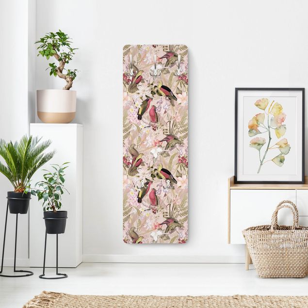 Porte-manteaux muraux avec dessins Oiseaux roses pastel avec fleurs