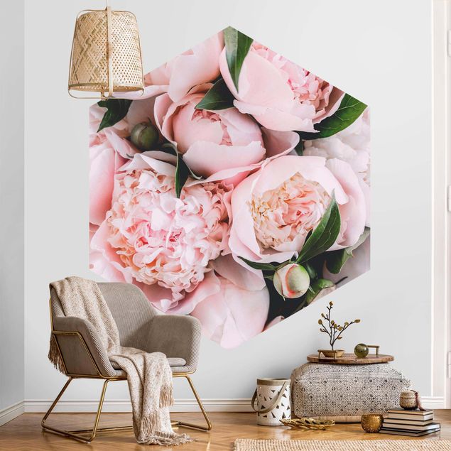 Papier peint moderne Pivoines roses avec feuilles