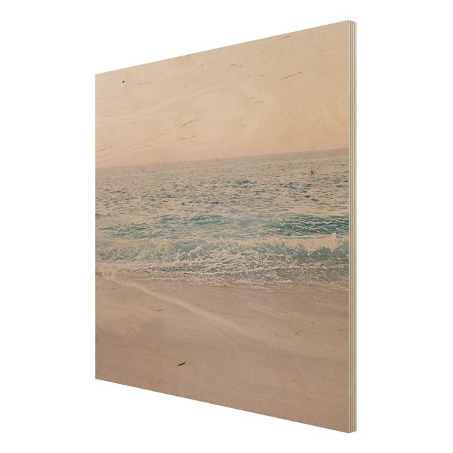 Tableaux en bois avec plage & mer Plage dorée rougeâtre au matin