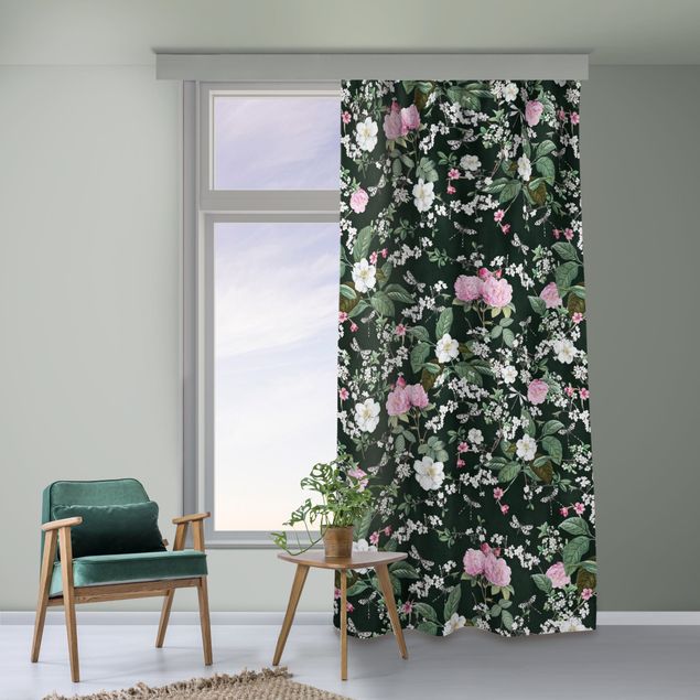 rideau thermique sur mesure Roses And Butterflies On Dark Green