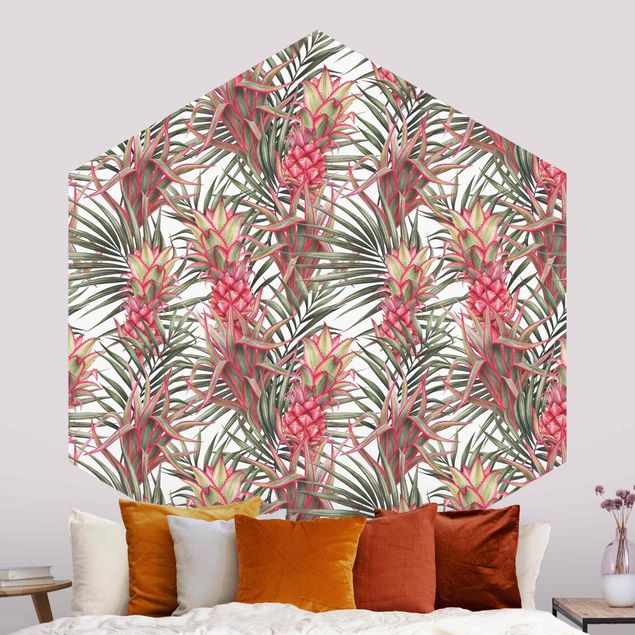 Papiers peints modernes Ananas Rouge avec Feuilles de Palmier Tropical