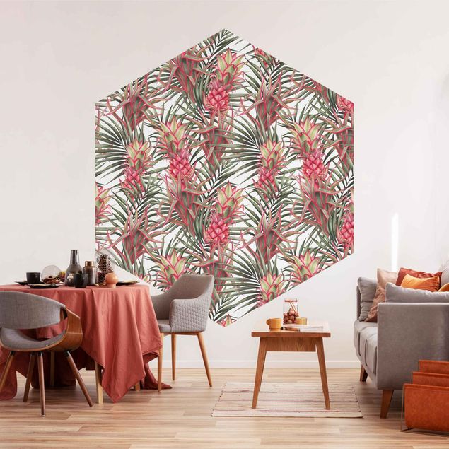 Papier peint floral Ananas Rouge avec Feuilles de Palmier Tropical