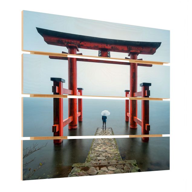Impression sur bois - Red Torii At Lake Ashi