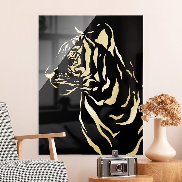 Tableaux en verre noir et blanc Animaux de safari - Portrait Tigre Noir