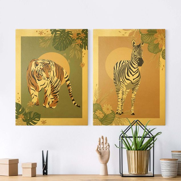 Tableau paysages Animaux en safari - Soleil derrière un zèbre et un tigre